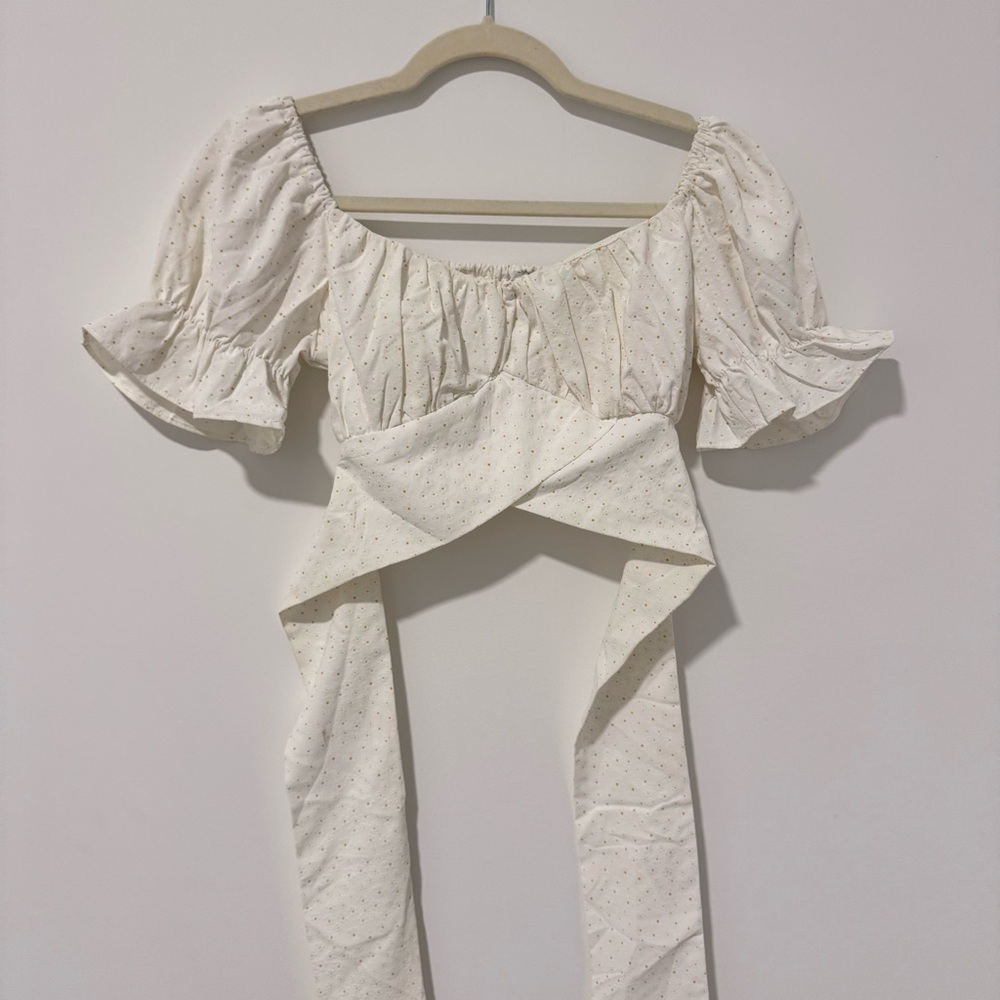 White puff sleeve wrap around top
